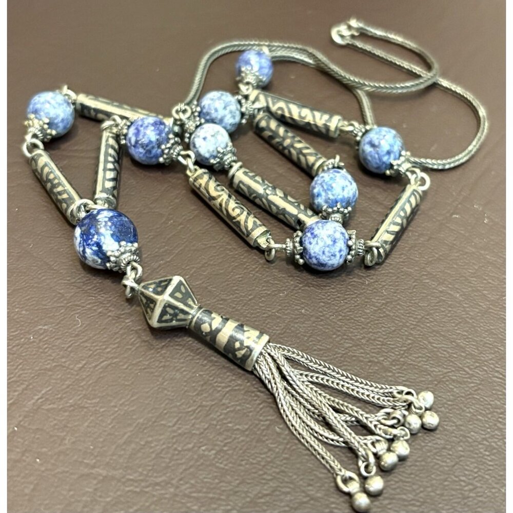 800 & 925 Silver Sodalite Prayer? Tassel Foxtail Chain Bali Beads Necklace 27”